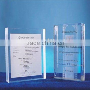 Transparent acrylic block embedded paper/logo, clear acrylic sign holder