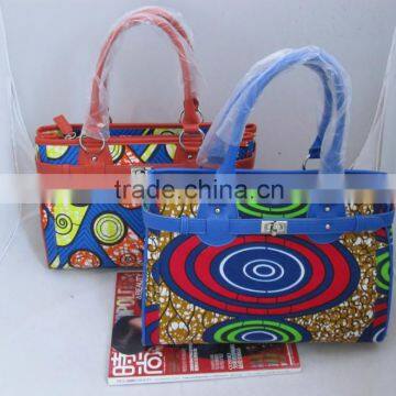 2016 High quality women bags matching printed leather handbag and wax fabric handbags