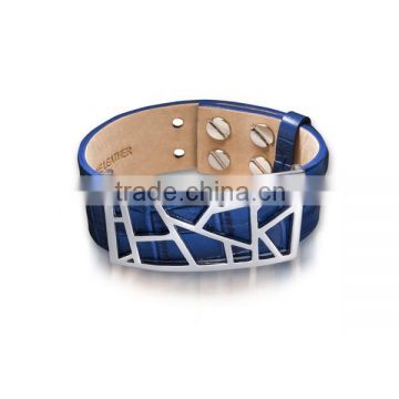 blue leather with gold plating lattice bracelet