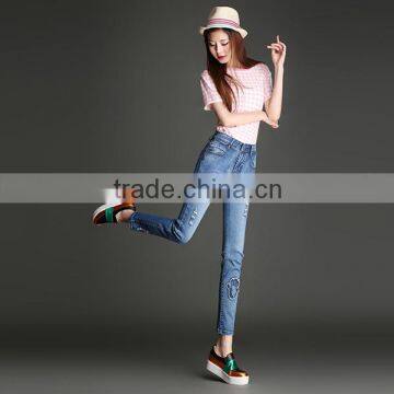 2016 Summer Fashion Women Ankle Length Pencil Pants High Waist Patch Destroyed Skinny Light Blue Jeans Woman