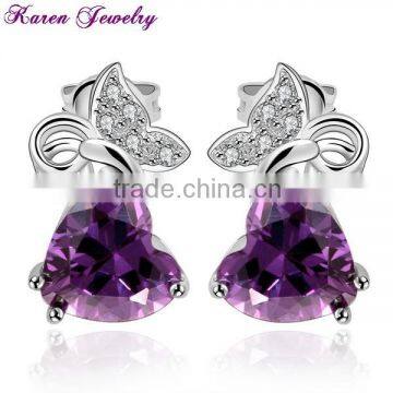 New Heart Amethyst Purple Crystal Stud Earrings for Women Platinum Plated Gold Earring Gold Earrings