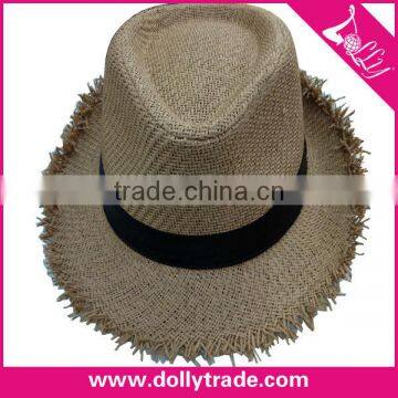 Fashion Beige Twill Weave Straw Cowboy Fedora Hat with Black Bandage