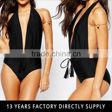 2016 Plunge Halter Neck Colour Block swimsuit for beautiful women sexy one piece bathing suits