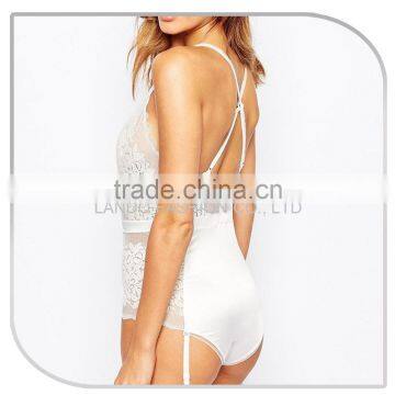 Custom Style Sexy Transparent Back Cross White Lace Bodysuit