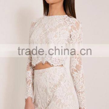 Crochect White Lae Designs Long Sleeve Two Piece Sets Lace Crop Top and Short Pants Designs photo-4