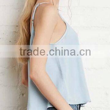 Latest China Wholsale Fashion Button A Word Big Swing Denim Halter Top photo-4