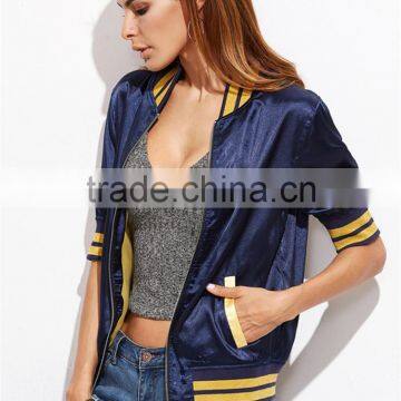 Women Custom Back Embroideried Zip Up Coat Striped Half Sleeve Satin Bomber Jacket Navy Blue photo-4