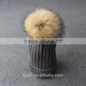 Womens Winter Cap Real Raccoon Fur Poms Hat With Plush Thicken Knit Cap Embroideried photo-4