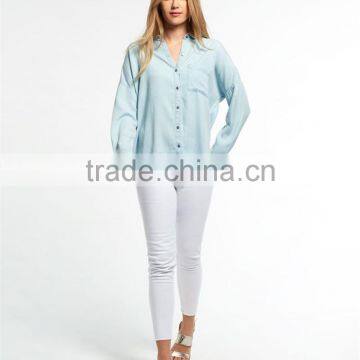 2017 China Manufacturer Shandao High Fashion New Casual Autumn Design Long Sleeve Button Opening Loose Blue Viscose Blouse photo-5