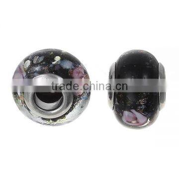 Lampwork Glass European Style Large Hole Beads Round Black Transparent Pink Flower With 304 Stainless Steel Silver Tone Core photo-3