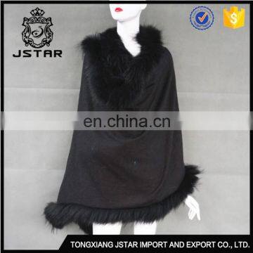 Attractive Design Raccoon Collar Cashmere With Trim Poncho Fur