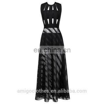 Amigo 2017 Sexy Women Mesh Bodycon Dress Wet Look Black Color Sleeveless Long Bandage Dress photo-3