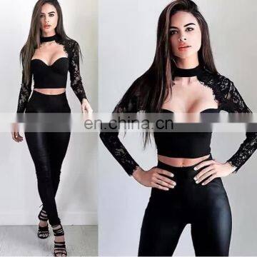 Amigo 2017 New Design Two Piece Sexy Party Wear Bandage Pants Suit With Long Sleeve Lace Dew Chest Crop Top and Bodycon Trouser photo-2