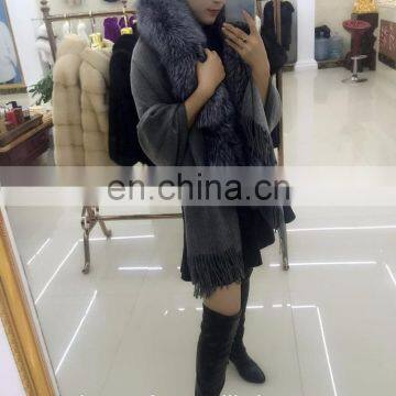 2016 Winter Genuine Pashmina Shawl With Fox Fur Collar Fashion Cashmere Cape photo-3