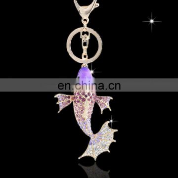 Promotional animal fish shape Plush Crystal Golden plated custom Metal Rhinestone Key chain for handbag MCA-0004