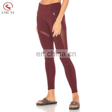 2017 OEM logo front zip women sexy yoga leggings for fitness sport running pants custom gym wear sportwear with pintuck detail