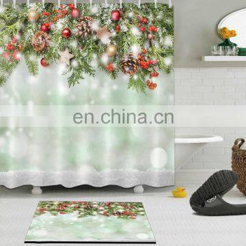 I@home Red 3D Digital Printing Christmas Polyester Shower Curtain Bathroom