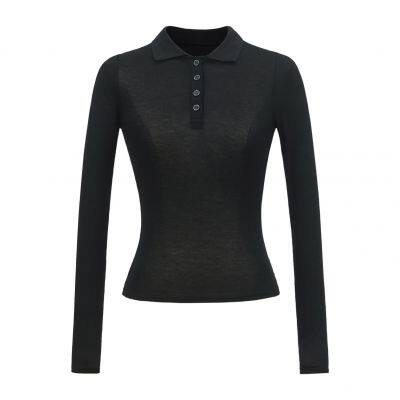 Hot Girl American T-shirt 2025 Pure Lust Style Slim Solid Colour POLO Collar Micro Transparent Shoulder Top photo-2