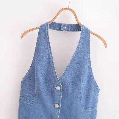 Sommerneues h?ngender Hals, Rückenfrei, modisches, bequemes Jeans-Weste mit drei Kn?pfen
