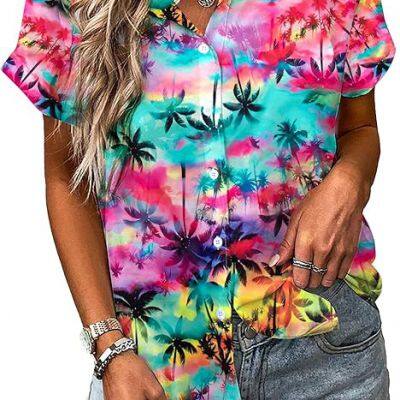 Women Hawaiian Shirt Soft Cool Summer Hawaii Tshirts Beach Tropic Print V Neck Button up Tops Floral Short Sleeve Tops