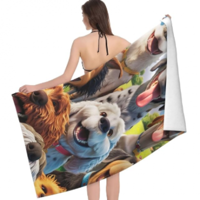 Funny Selfie Dogs Beach Towel for Women, Girls, Kids, Men, Cartoon Dogs Bath Towel Print
