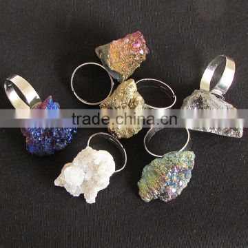 RG1082 Fashion Titanium Crystal Quartz Nugget Druzy Adjustable Rings