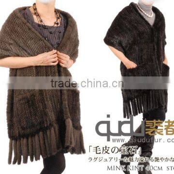 QD-LT8970 Women's Knitted Real Mink Fur Shawl with Pocket