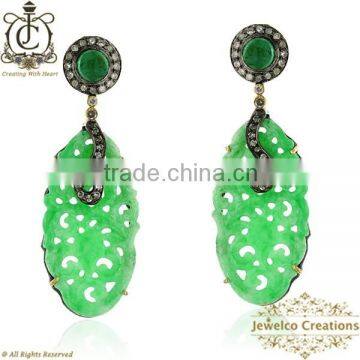 Green Onyx Gemstone Earrings, 925 Silver Diamond Earrings, Gemstone Craved Earrings, Diamond Gemstone Jewelry Manufacturer