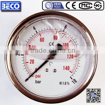 100mm Liquid filled Stainless steel case water pressure meter for pressure measurement