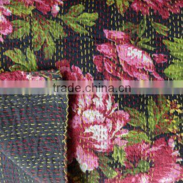 Floral Kantha Quilt, Queen Size, Handmade Kantha Bedspread