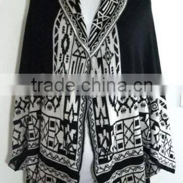 Ladies Geometric Pattern mock poncho knitted cardigan, sweater