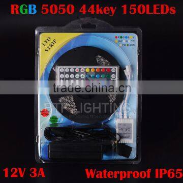5M SMD 5050 30 leds/m IP65 RGB LED Strip Light digital +44 key IR Remote controller+12v 3A power supply
