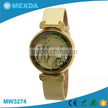 latest watch diamond women girl hot sel high quality PU leather band alloy case 3TM waterproof japan movt golden wrist watch