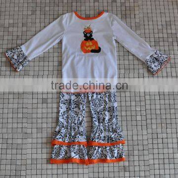 Fall Halloween boutique outfits baby girls clothing sets pumpkin embroidery floral ruffle pants sets
