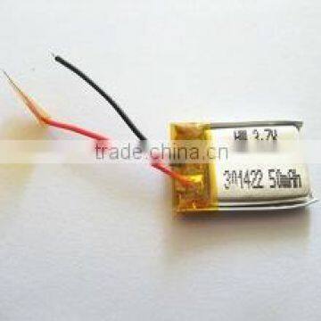 3.7v 301422 3.0mm thickness 50mah lipo battery for bluetooth headset