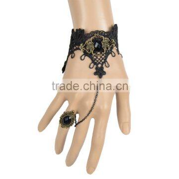 Charm Alloy Chain Black Lace Bracelet with Ellipse Black Rhinestone Ring