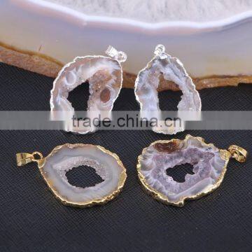 Agate Slice Pendant, Silver / Gold plated Agate Geode Quartz Gem Stone Pendant For Jewelry Making