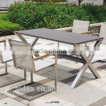 stainless steel outdoor furniture marble table and teak armrest mesh chairs