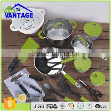 Hot sale 24pcs kitchen accessories utensil stainless steel non-stick cookware set with silicon handle