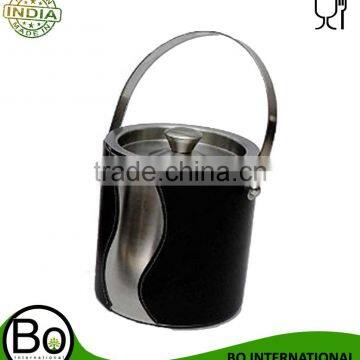 Stainless-Steel Double-Walled Ice Bucket With Contemporary Black Faux Leather Wrap