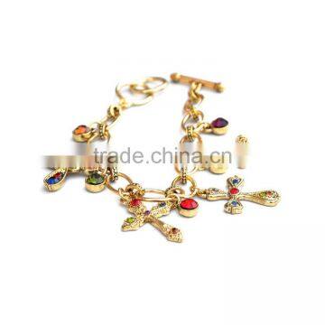 Colorful Rhinestone Cross Charms Gold Chain Bracelet Tiny Crystal Charms Goldfill Chain Bracelet