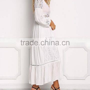 Off White Lace Trim Button Down Maxi Dress Long Frock Design HSd5221 photo-4
