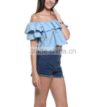 2016 Women Off Shoulder Ruffle Hem Sexy Slash Neck Cute Summer New Fashion Cotton Loose Blouse