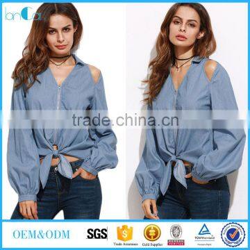 Clothes Women Blouse Long Sleeve 2017 Loose Shirt Blue Cutout Zip Up Knot Front Chambray Blouse