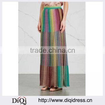 Wholesale Women Apparel Striped Mettallic Weave Fine-knit Multicolor Viscose Maxi Skirt(DQE0359SK)