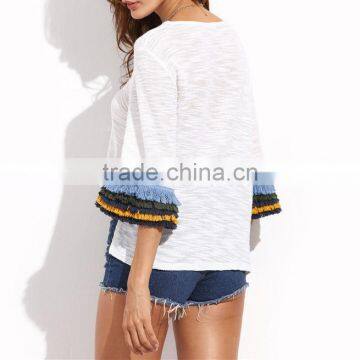 Womens Casual Clothing Summer T Shirt Tops Ladies Fringe Cuff Half Flare Sleeve T-shirt photo-2