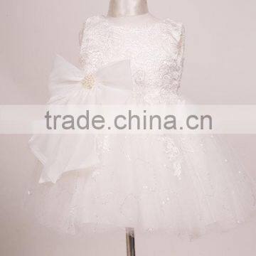 Modest Fashion Plain White Kids Fancy Girls With Bowknot Lace Dress