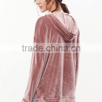 MGOO Oversized Women Pink Drop Shoulder Zip Slit Side Velvet Hoodie With Drawstrings Plain Pullover photo-2