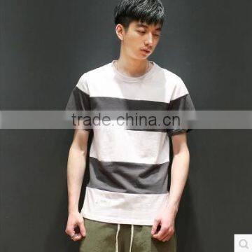 Summer Japanese Men Round Collar Stripe Leisure T-shirt Color Stitching Loose Cotton With Short Sleeves photo-2