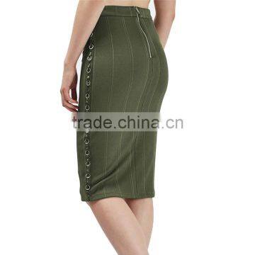 2017 OEM Ladies Fashion Midi Tube Khaki Skirt With Side Metal Detrails photo-3